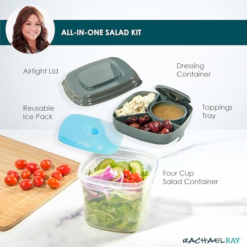 Rachael Ray Salad Container For Lunch, Salad Lunch Container For Adults, Salad Bowl Kit With Compartments For Salad Dressing & Toppings, Includes Ice Pack - color: Deluxe Salad Set, Green