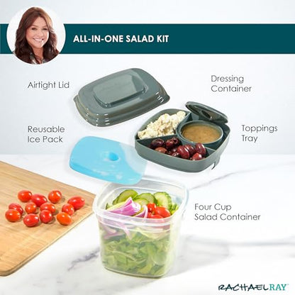 Rachael Ray Salad Container For Lunch, Salad Lunch Container For Adults, Salad Bowl Kit With Compartments For Salad Dressing & Toppings, Includes Ice Pack - color: Deluxe Salad Set, Green