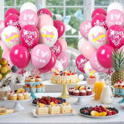 Paready Mother's Day Balloons, 60 Pcs Pink White Mom Print Party Decor - color: Mom