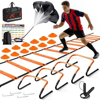Agility Ladder, Soccer Football Training Equipment Set - 20ft Speed Ladder, 4 Hurdles,Parachute, 12 Cones & Jump Rope | Agility & Speed Training for Kids Youth Adults,Basketball & Football Accessories - color: Orange