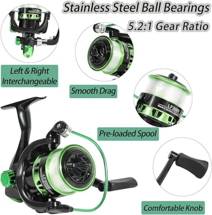 Tripquips Fishing Rod and Reel Combo with Fishing Net, 6.9ft Telescopic Fishing Pole Kit with Fishing Pliers, Lip Gripper, Fishing Lures,Pre-Loaded Spinning Reel Combo - color: Green