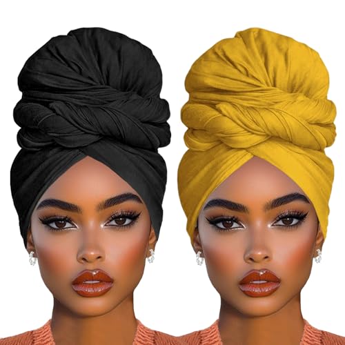 COOKOO 2 Piece Solid Color Stretch Jersey Head Wrap Long Scarf Muslim Headwraps Long African Women's Headwraps Stretch Hijab Extra Fashion Head Scarf Soft Head Bands for Women(Black+Turmeric) - color: Black+Turmeric