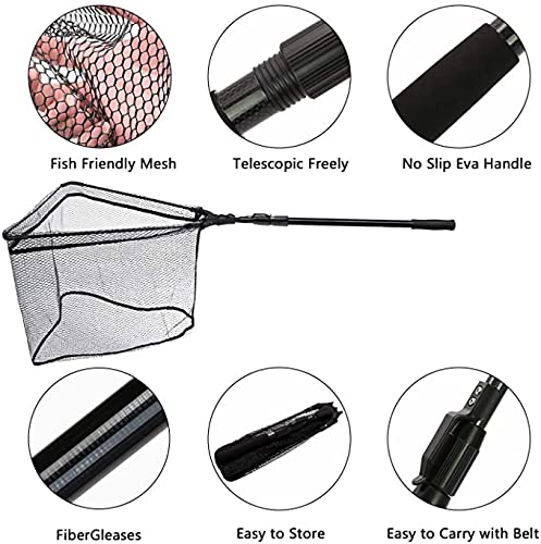 SANLIKE Collapsible Telescopic Fishing Net Rubber Coated Salt/Freshwater | Rubber coated net, fiberglass pole, non-slip rubber handle, various telescopic sizes, one-click storage - color: Black, size: Medium