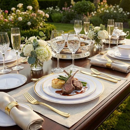 Supernal 400pcs Gold Plastic Plates for 50 Guests Heavy Duty Disposable Party Plates, 200 Gold Plastic Silverware, Linen Napkins, Clear Cups For Valentine's Day Mother's Day and Easter - color: 400pcs White and Gold Plastic Dinnerware
