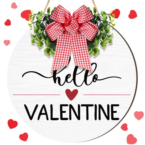 Shellwei Hello Valentine's Day Sign for Front Door 12 Inches Wood Round Wall Decor with Bow Valentine's Day Door Wreath Hanger Indoor Wall Hanging Decoration for Wedding Home Outdoor Porch - style: Bow