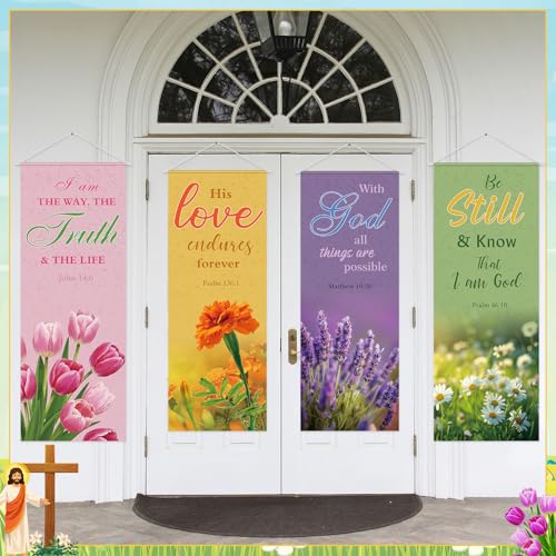 Panelee 4 Pcs Church Banners for Sanctuary Wall Blooming Flower Church Banners with Scripture Inspirational Religious Praise Bible Verses Hanging Backdrop Signs for Sunday School Worship Decoration - style: Bible Flower