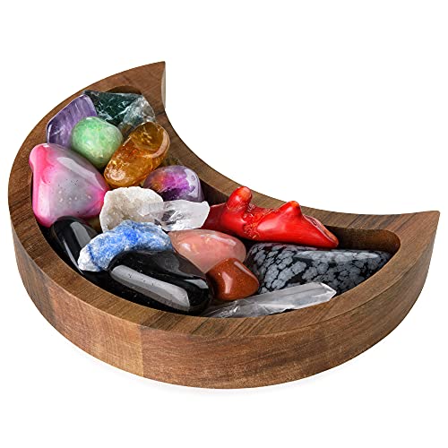 Crescent Moon Tray - Showcase Your Gems, Healing Stones & Treasures - 6"x3" Wooden Crystal Display Tray, Crystal Holder for Stones Display Shelf, Gemstone Rock Holder Charging Bowl, Walnut, S