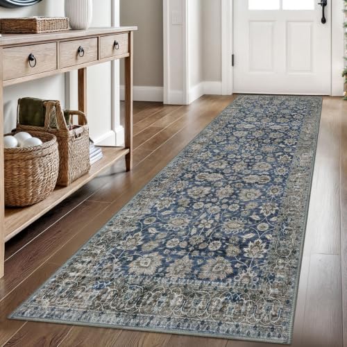 KOZYFLY Vintage Floral Hallway Runner Rug, 2.6x8 Washable Rug Runner Blue - color: Blue, size: 2'8" x 8' (Runner)