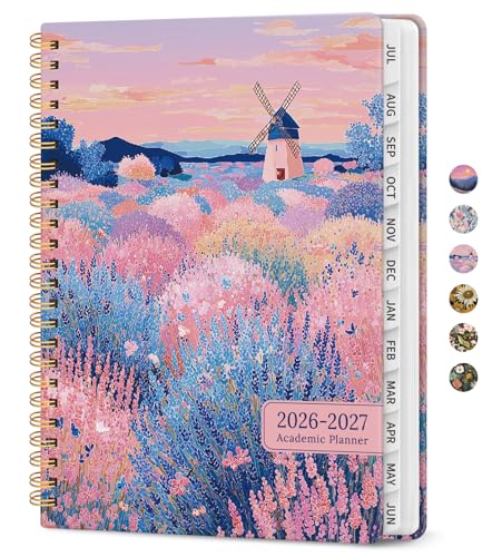 Planner 2026–2027, Academic Monthly Weekly Spiral Calendar, July 2026 – June 2027, Hardcover Agenda Notebook with Tabs, 6.3" x 8.5", Perfect for Students, Teachers, School & Daily Planning - Windmill Fields - color: O-Windmill Fields, size: (6.3"x8.5")a5