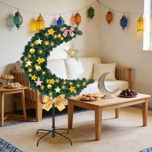 3ft Lighted Ramadan Moon Tree with Star Decorations, Islamic Crescent Artificial Decor for Home, Eid Tree