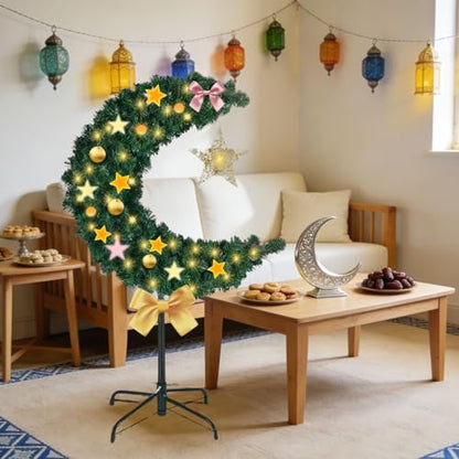 3ft Lighted Ramadan Moon Tree with Star Decorations, Islamic Crescent Artificial Decor for Home, Eid Tree