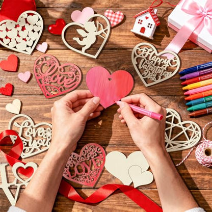 발렌타인 데이 공예를 칠하는 나무 하트 장식품 36개, 9가지 스타일 DIY 빈 미완성 나무 하트 컷아웃 장식품 공예용 봄 나무 걸이 장식 사랑 - color: 할로우 하트