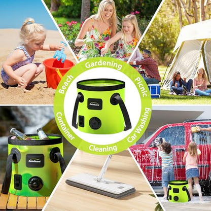 Collapsible Bucket with Handle, 5.3 Gallon Water Container, Green | Folding Water Bucket, Fast-flow, Portable, with 2 Clear Wash Basin, for Camping Fishing Travelling Outdoor Gardening