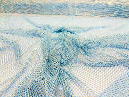 New Creations Fabric & Foam Inc, 45" Wide AB Iridescent Rhinestone On Soft Stretch Fish Net Fabric by The Yard (1 Yard, Iridescent Rhinestones on Light Blue Mesh) - color: Iridescent Rhinestones on Light Blue Mesh