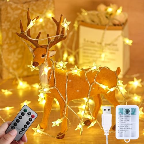 33Ft 80LED Remote Control Fairy Lights Battery and USB Operated, Warm White Star Fairy String Lights with Timer,Waterproof for Home Bedroom Wedding Dorm Wall Window Tent LoftBed Patio Party Decor - color: 80LED Remote
