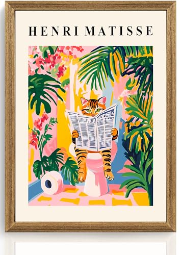 ICHZUMW Framed Funny Tabby Cat Matisse Canvas Bathroom Wall Art, 12x16 In - color: Matisse Reader, size: 16"L x 12"W