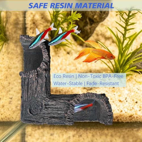 Fish Tank Decorations, 5.1" x 2" x 2.7" Resin Tree Bark Dual-Hole Aquarium Cave, Perfect Hiding Spot for Guppies, Neon Tetra, Cherry Shrimp