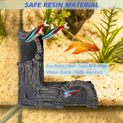 Fish Tank Decorations, 5.1" x 2" x 2.7" Resin Tree Bark Dual-Hole Aquarium Cave, Perfect Hiding Spot for Guppies, Neon Tetra, Cherry Shrimp