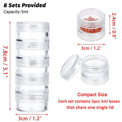 Hipiwe 8 Sets 5-Layer Clear Jewelry Bead Container Small Plastic Sample Jar | Travel Makeup Sample Boxes, Round Storage Jars Pots for Sewing Pills Nail Art Craft Accessories - size: 8Packs 1.2"D x 3.1"H