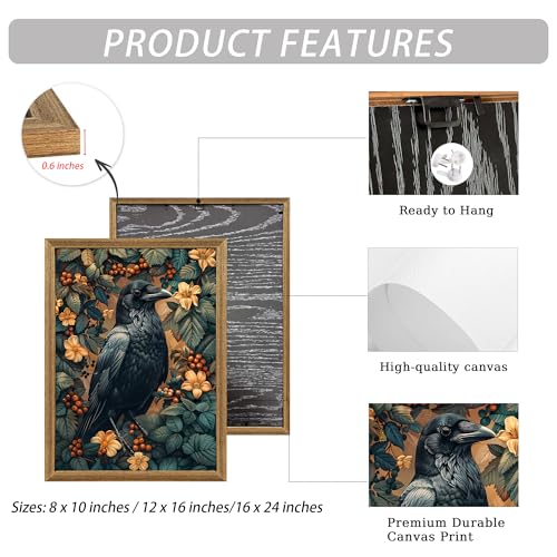 ICHZUMW Framed William Morris Raven Dark Academia Canvas Wall Art 16x24 In - color: Dark Raven, size: 24"L x 16"W