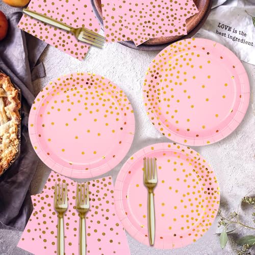 150 PCS Pink and Gold Paper Plates Napkins Forks Party Supplies Serves 50, Golden Dot Disposable Paper Dinnerware 9" Plates for Birthday, Bachelorette, Girl Birthday, Baby Shower - color: Pink Gold (Serves 50)