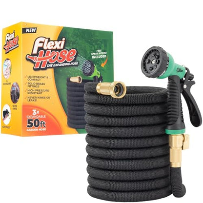 Flexi Hose with 8 Function Nozzle, 50FT - Lightweight Expandable Garden Hose, No-Kink Flexibility, 3/4 Inch Solid Brass Fittings and Double Latex Core - size: 50ft