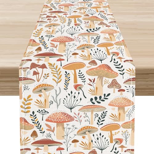 Mushroom Table Runner, Spring Summer Watercolor Floral Forest Plants Botanical Leaf Seasonal Farmhouse Wildflowers Home Kitchen Dining Table Decoration 13"x36" - color: Tr-mushroom02, size: 13x36" Table Runner
