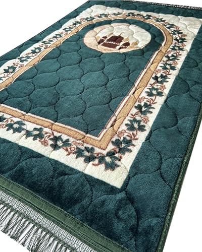 Prayer Rug Muslim Prayer Mat Islamic - Very Thick Prayer Rug Sajadah for Men Women with Islam Prayer Beads for Eid Travel Ramadan, Soft and Luxury (Green) - color: Green