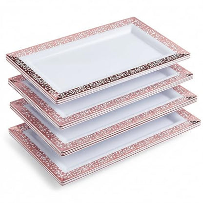 Yumchikel-Plastic Serving Tray & Platter Set (4pk) White & Rose Gold Lace Disposable Party Trays & Platters for Food - Weddings, Dessert Table, Cupcake Display -14"x7.5" inches - color: White Rose Gold Lace, size: 4 Pack