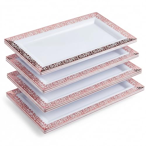 Yumchikel-Plastic Serving Tray & Platter Set (4pk) White & Rose Gold Lace Disposable Party Trays & Platters for Food - Weddings, Dessert Table, Cupcake Display -14"x7.5" inches - color: White Rose Gold Lace, size: 4 Pack
