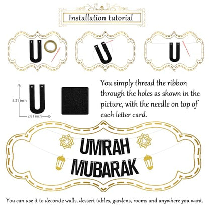 Umrah Mubarak Banner, Eid Party Decorations, Gold Black, 3.0x5.0 inches - color: Gold Black