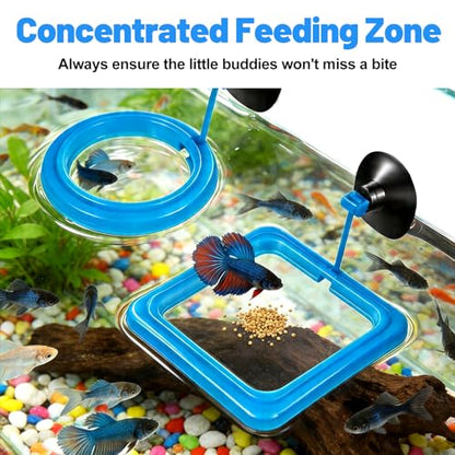 2PCS Fish Feeding Ring, EVA Aquarium Floating Plant Corral with Strong Suction Cup, 2 Sizes Fish Tank Accessories for Mini Betta Tank, Floating Plants Holder|Feeder|Corral(Round + Square)