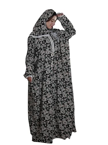 Women's Ditsy Floral Print Zipper Design Hooded Arabian Dress Modest Bishop Sleeve Long Sleeve Maxi Muslim Dress for Women - color: Black, size: One Size