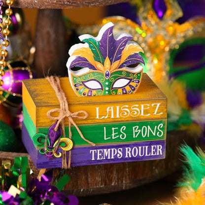 4 Pcs Mardi Gras Decorations for Home Mardi Gras Centerpieces Masquerade Masks Table Decorations Farmhouse Wooden Tabletop Blocks Sign for Rustic Tiered Tray Shelf Office Carnival - style: Carnival