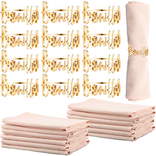 24 6 Set Gold Napkin Rings and Cotton Napkins Bismillah Letter Metal Napkin Buckles Dinner Cloth Napkins Muslim Table Decoration for Ramadan Party Islamic Holiday (Gold) - color: Gold