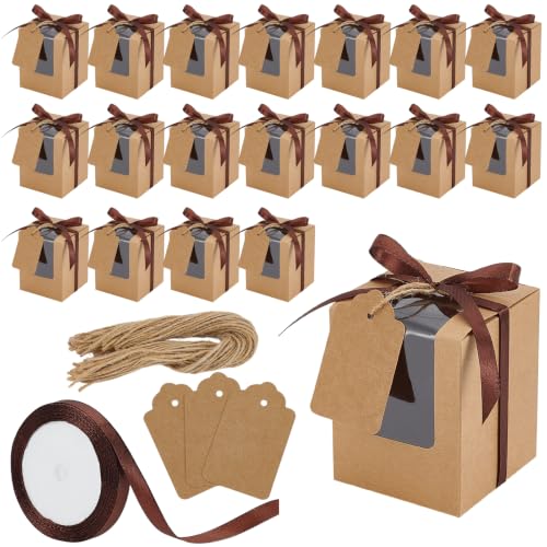 GOOPESTRY 60Pcs Rectangle Gift Packaging Boxes 3.9"x3.1"x3.1" Transparent Window Gift Box with Ribbon Tag Hemp Rope Brown Wine Glass Boxes for 9 oz Stemless Glass Wedding Baby Shower Birthday Party - color: Brown