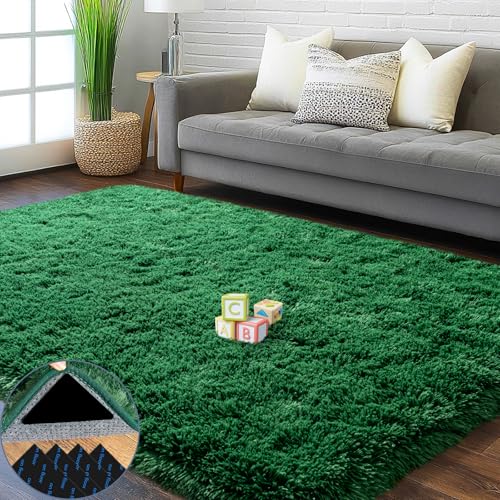 4x6 Dark Green Fluffy Shaggy Area Rug, Soft Small Carpet for Living Room - color: Dark Green, size: 4' x 6' (Rectangular)