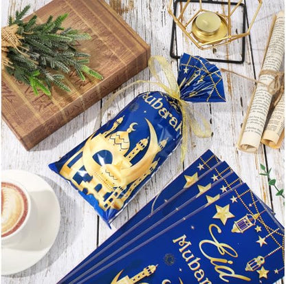 Whaline 100 Pcs Eid Mubarak Cellophane Bags with Ribbon Ramadan Plastic Treat Bags Blue Gold Candy Goodie Bags for Islamic Muslim Party Snack Cookie Packing Supplies - color: Blue Gold