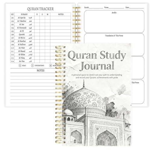 Premium Quran Study Journal - A5 Spiral Bound Islamic Reflection Notebook with 120 Pages 100gsm Thick Paper - Arabic & Translation Tracker for Daily Quranic Study, Memorization & Ramadan Gifts (Pencil Sketch) - color: Pencil Sketch