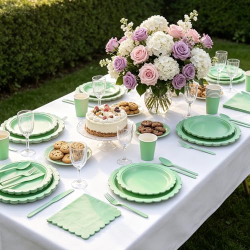 HoMaNa 175 Pcs Party Plates Set - 9" Dinner Plates & 7" Dessert Plates, 9 oz Paper Cups, Napkins, Paper Cutlery for 25 Guests – Birthday Party, Wedding, Baby Shower Tableware,Green