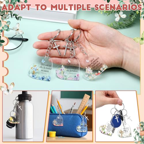 Sureio 30 Pcs Spanish Christian Keychain Gift Bulk Women Religious Cross Inspirational Bible Verse Acrylic Keychains Llaveros Cristianos En Español for Church Member Teacher Student (Cute Heart) - style: Cute Heart