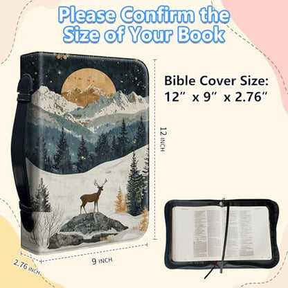 Bible Cover Case for Women, PU Leather Large Bible Cases with Zipper Fits Books Up to 12" x 9" x 2.76”, Bible Carrying Bag for Men, Mountain Deer - color: Mountain Deer