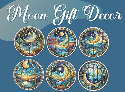 Moon Coaster, Ceramic, Set of 6, with Gift Box, Absorbent with Cork Base, Stain Glass Stlye Gifts for Moon Lovers, Home Decor for Housewarming, Thanksgiving, Birthday, Christmas