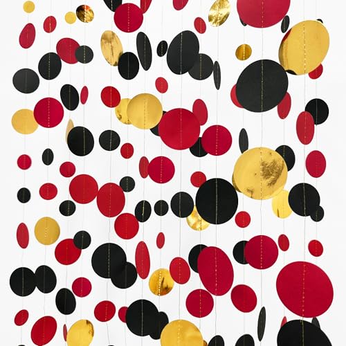 Gold Black Red Party Decorations Circle Dots Streamer Hanging Paper Polka Dots Garland for Graduation Birthday Wedding Anniversary Holiday Pirate Poker Casino Las Vegas Party Supplies - color: Black Gold Red