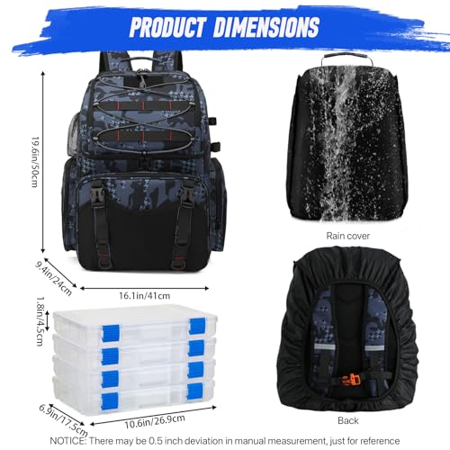 Fishing Backpack, 45L Large Cooler Fishing Tackle bag with Rod Holders & Rain Cover, Water-resistant Store Gear(With 4 Tackle Boxes) - color: Black Camo(With 4 Tackle Boxes)