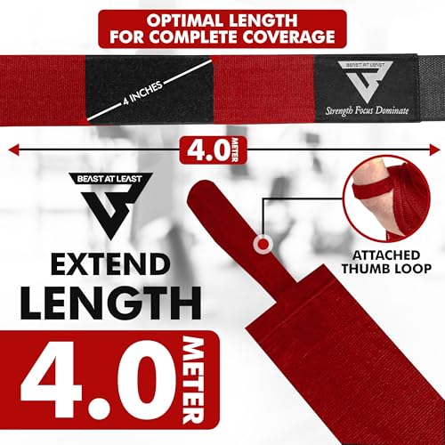 Boxing Hand Wraps, 180 Inches Inner Gloves with Thumb Loop | Elasticated Knuckle Protection for Martial Arts | Soft Under Mitts for Muay Thai, Kickboxing, MMA, Punching Bag Men Women - color: Red
