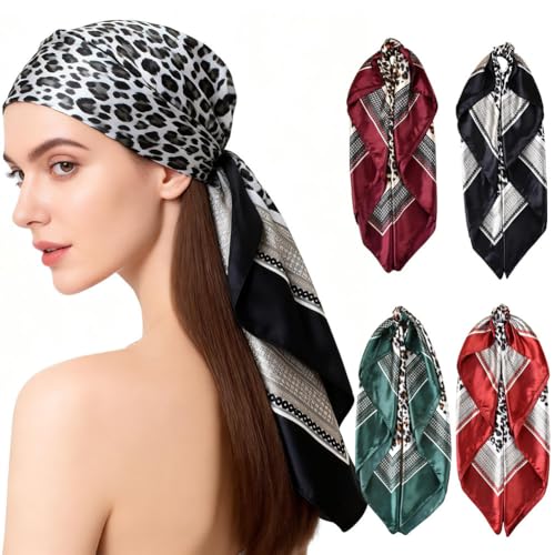 4Pcs Silk Head Scarves for Women Satin Hair Scarf 35”Large Square Bandana Silk Like Neck Scarf Shawl - color: Black/Wine Red/Green/Red