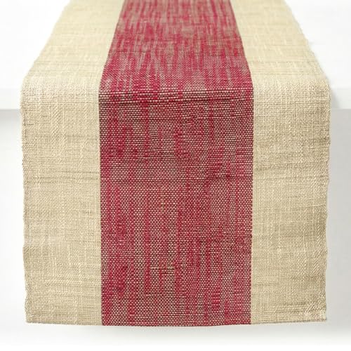 Table Runner, 13.8" × 72", 100% Natural Ramie, Handwoven - color: Ramie & Red