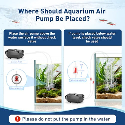 hygger Aquarium Air Pump, Ultra Quiet Oxygen Aerator with Air Stone Airline Tubing Check Valve, Aquarium Fish Tank Air Bubbler for 3 to 79 Gallon Tank and Bucket - size: Large