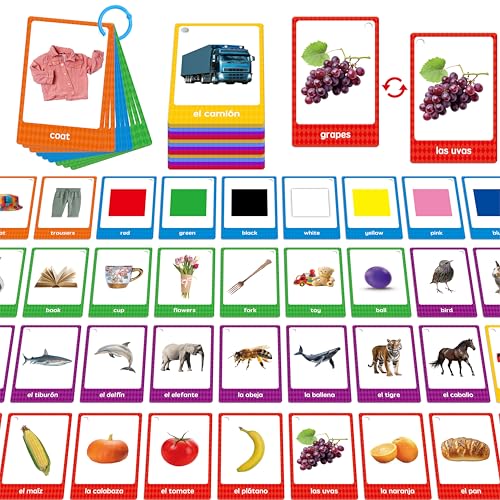 60 English Spanish Flash Cards, Double-Sided Nouns Cards Bilingual Sight Words - Animals, Colors, Food, Vehicles Cards, Language Vocabulary Learning Tool for Beginners 5+ with 2 Reclosable Rings